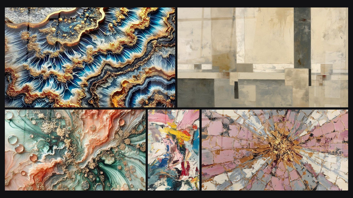 Mosaïque de cinq tableaux, dont Marée Dorée, Rêve Coralien et Explosion de couleurs