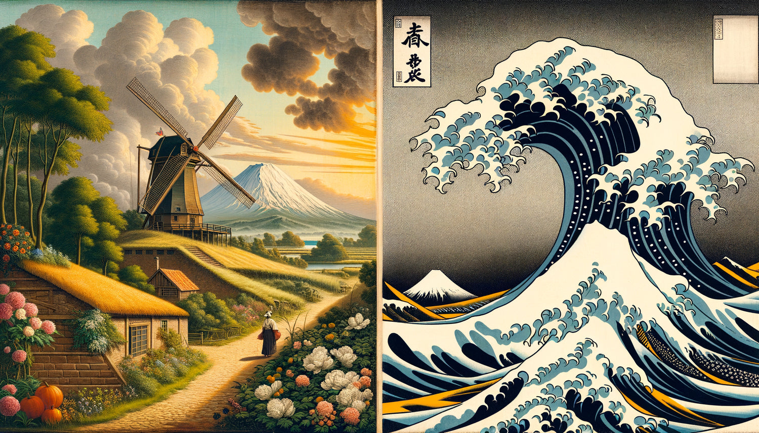 Comparaison visuelle entre paysage européen du XVIIe siècle et estampe japonaise ukiyo-e révélant influences insoupçonnées pré-japonisme
