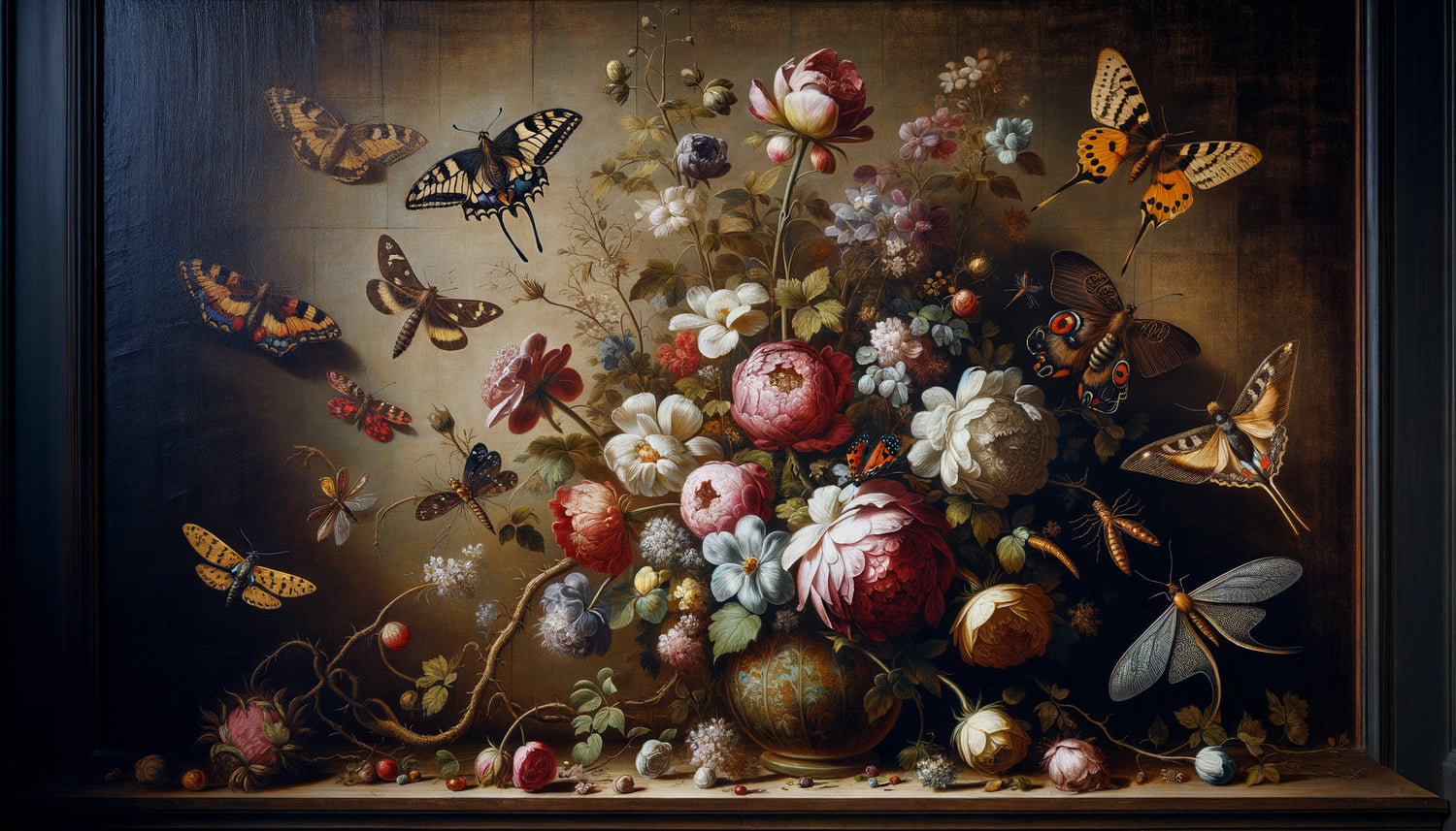 Peinture murale du XVIIe siècle hollandais avec insectes détaillés contrastant avec fresque médiévale sans insectes