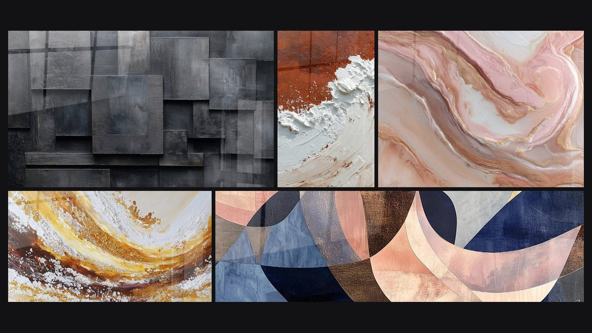 Mosaico di cinque quadri, tra cui Fusione Archi Aggraziati Terracotta e Astratto Terra e Bianco con Spessa Materia
