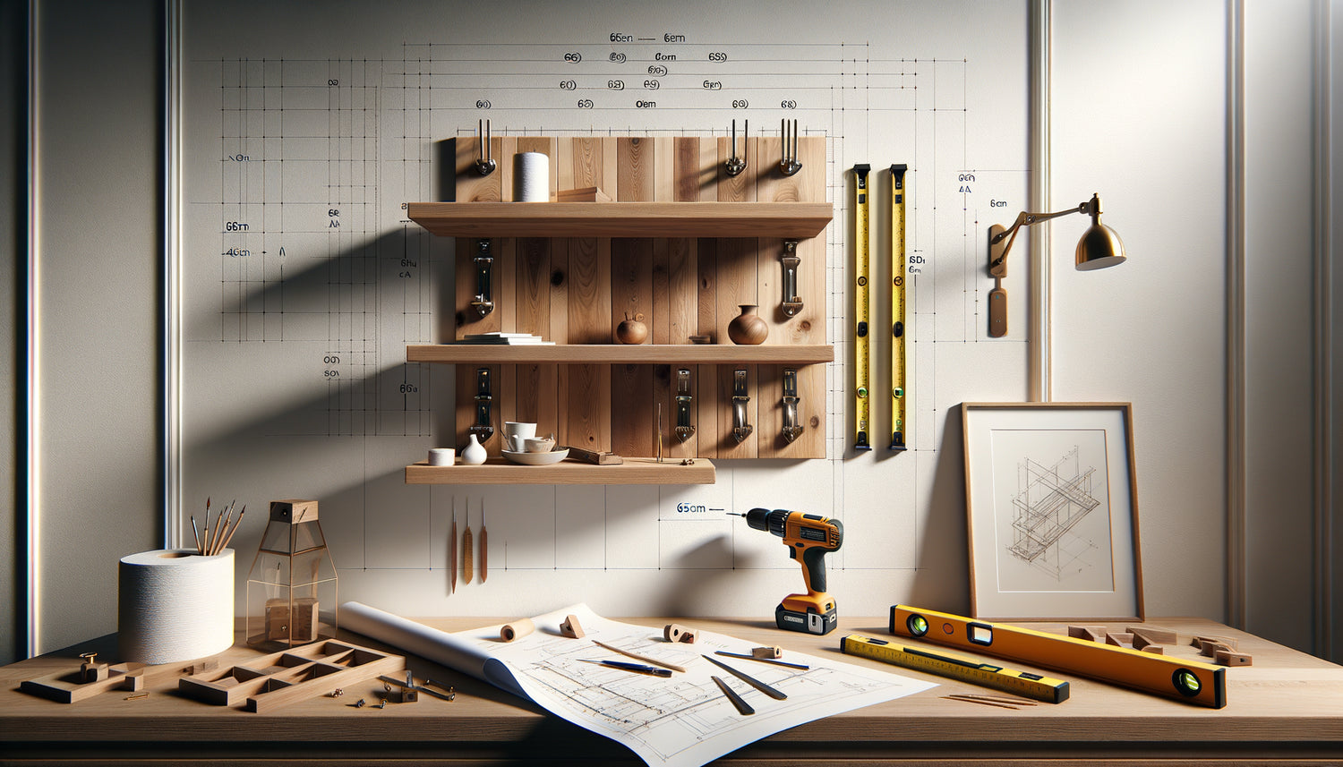 Vue technique d'installation professionnelle d'étagère montrant l'entraxe de 65cm entre fixations murales avec outils de mesure