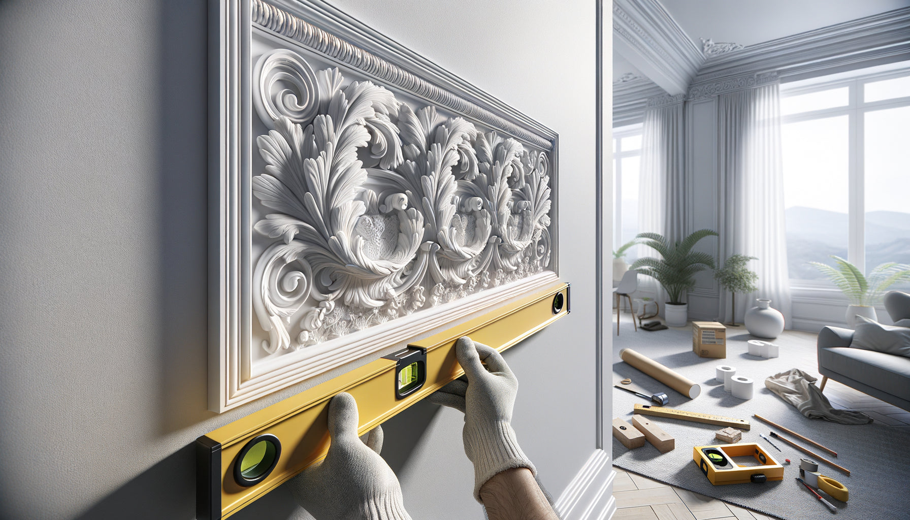 Installation de moulures décoratives blanches sur mur gris dans un Airbnb moderne avec outils de mesure