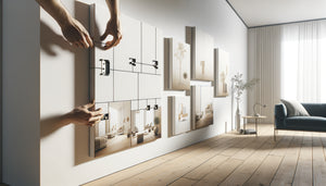 Installation de panneaux modulaires sur mur blanc montrant la flexibilité d'arrangement des tableaux contemporains