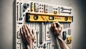 Installation technique d'un tableau lourd avec outils professionnels, fixations murales et vérifications de sécurité