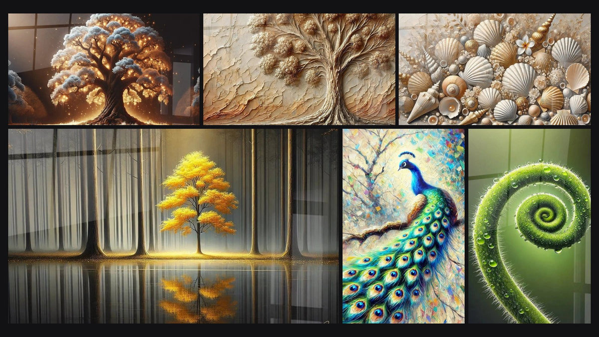 Mosaïque de six tableaux, dont Arbre de Nuit, Arbre d'Antan et Tranquillité Éternelle