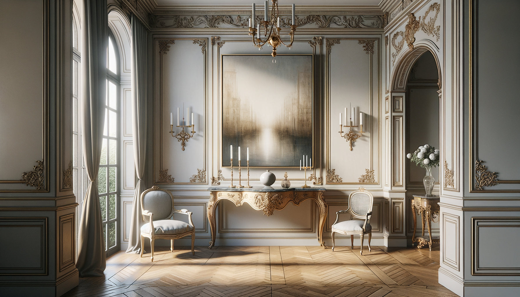 Intérieur patrimonial classique avec œuvre d'art contemporain aux tons neutres intégrée harmonieusement entre mobilier ancien