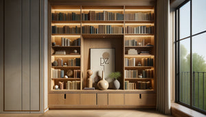 Niche de bibliothèque sur mesure contemporaine avec livres et sculpture discrète, éclairage subtil et équilibre raffiné