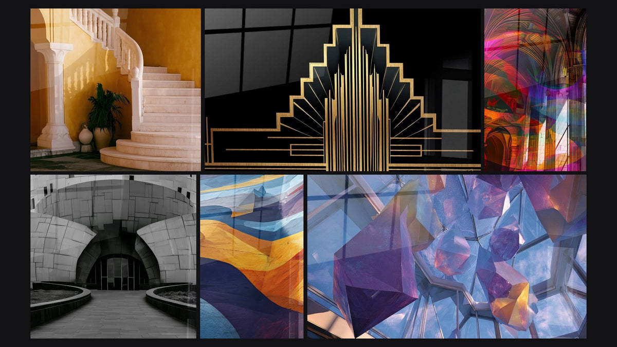Mosaic of six paintings, including Curved Staircase Ochre and Cream Gold Wall and Building Gray and Black Arch Futuristic