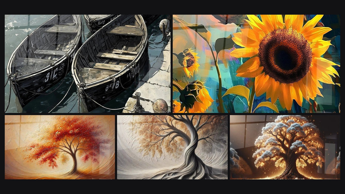 Mosaik aus fünf Gemälden, darunter Hafentafel Nr. 2, Tanz der Jahreszeiten und Sonnenblumen-Bild Nr. 1