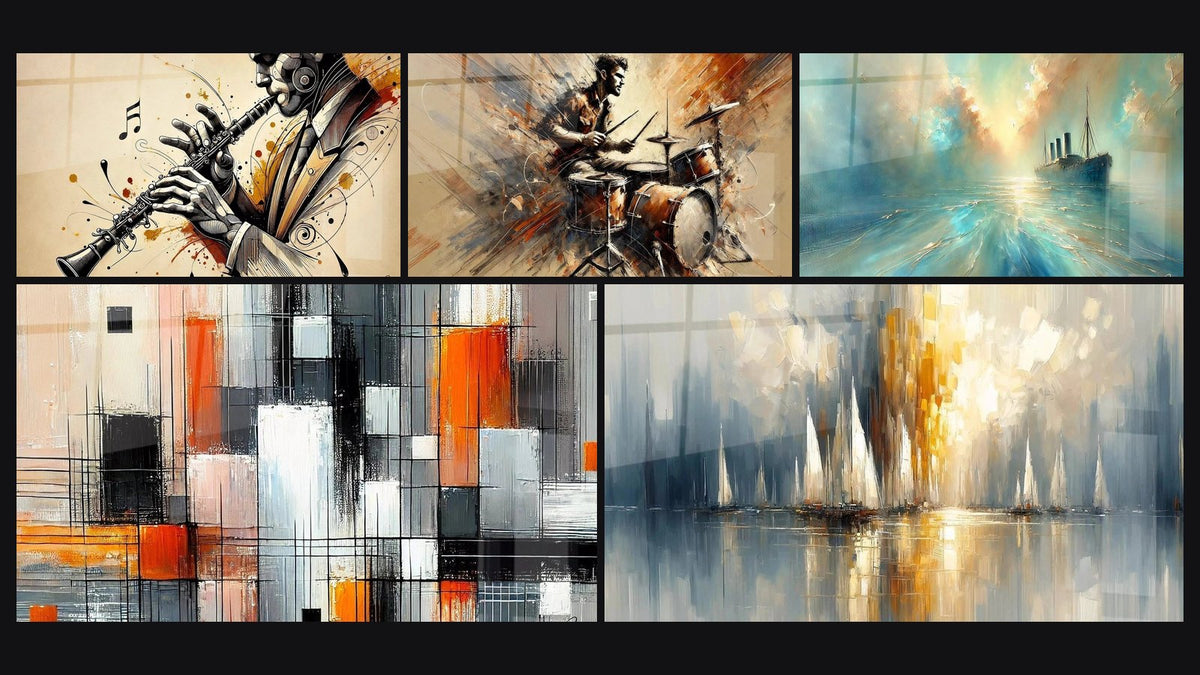 Mosaïque de cinq tableaux, dont Clarinette N°1, Batterie N°2 et Au Cœur de la Brise