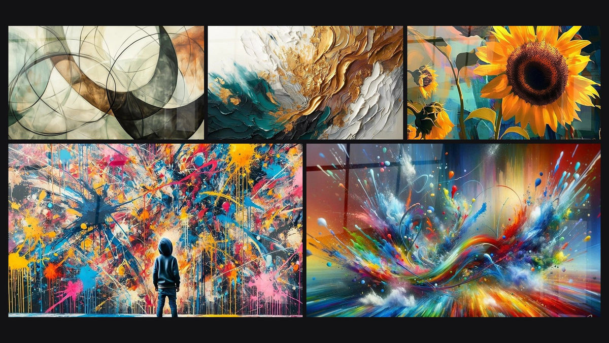 Mosaico di cinque quadri, tra cui I Legami Invisibili, Schizzi di Pittura e Traccia in Oro e Giada