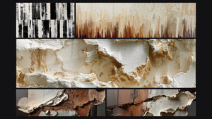 Mosaïque de cinq tableaux, dont Textures abstraites terre et blanc cassé
