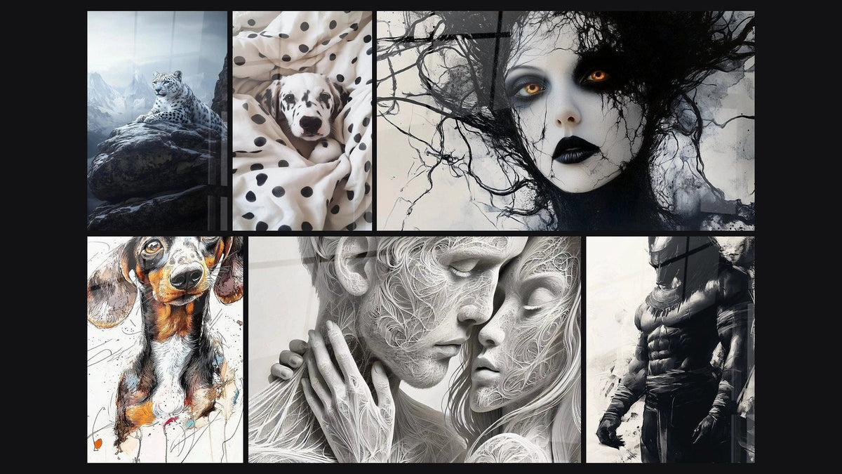 Mosaic of six paintings, including Snow Leopard Wall Art No.1, Love Art N°1 and Anubis Wall Art No. 1