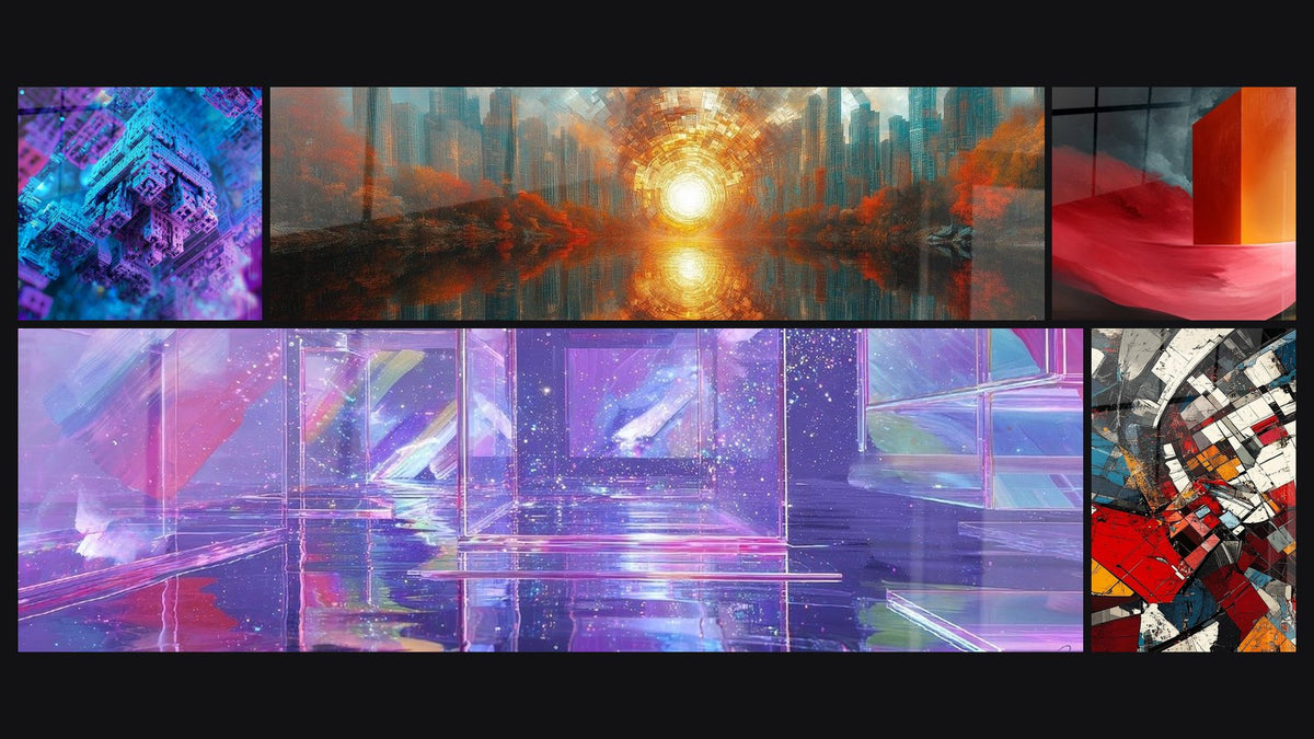 Mozaïek van vijf schilderijen, waaronder Futuristische architectuur en Holografische architectuurtafel