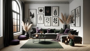 Intérieur scandinave contemporain avec palette gothique Halloween en noir, prune et vert forêt