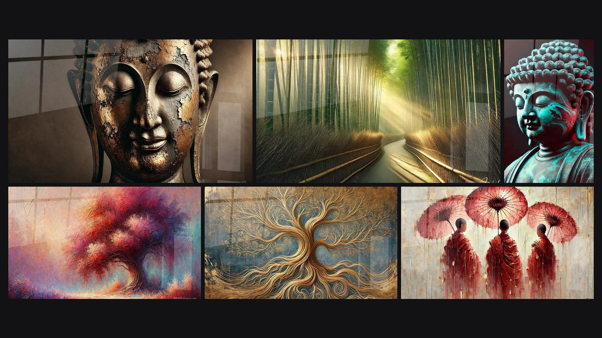 Mosaïque de six tableaux, dont Éclat de Sagesse, Arbre des Rêves et Arbre de la Vie Éternelle