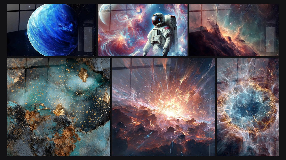Mosaico de seis cuadros, entre ellos Espacio N°3, Nebulosa estelar y Galaxia abstracta