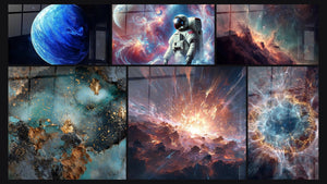 Mosaïque de six tableaux, dont Neptune N°1, Espace N°3 et Nébuleuse stellaire