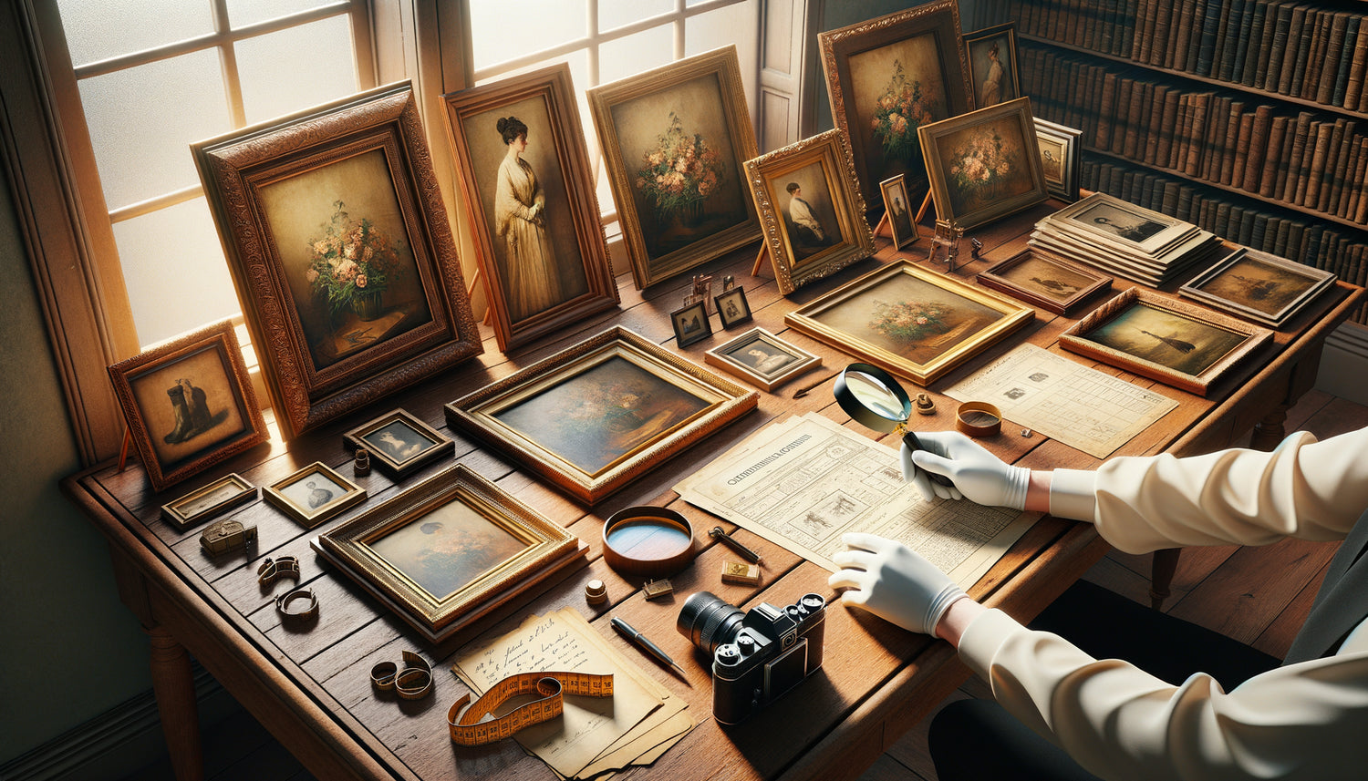 Bureau de collectionneur avec tableaux vintage, fiches d'inventaire, gants de conservation et documentation professionnelle pour catalogage