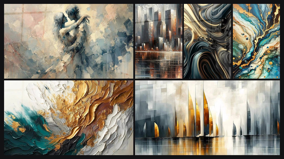 Mosaico di sei quadri, tra cui Tra Noi, Traccia in Oro e Giada e Riflessioni Urbane