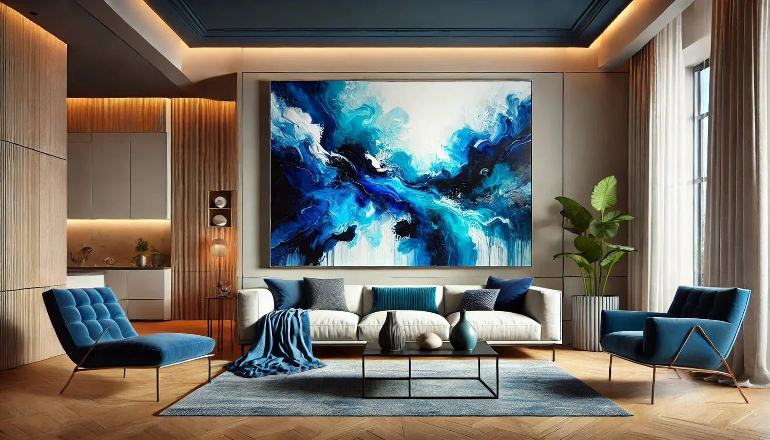 Tableau abstrait bleu XXL accroché dans un salon moderne, mettant en valeur ses nuances de bleu profond et son design artistique contemporain.