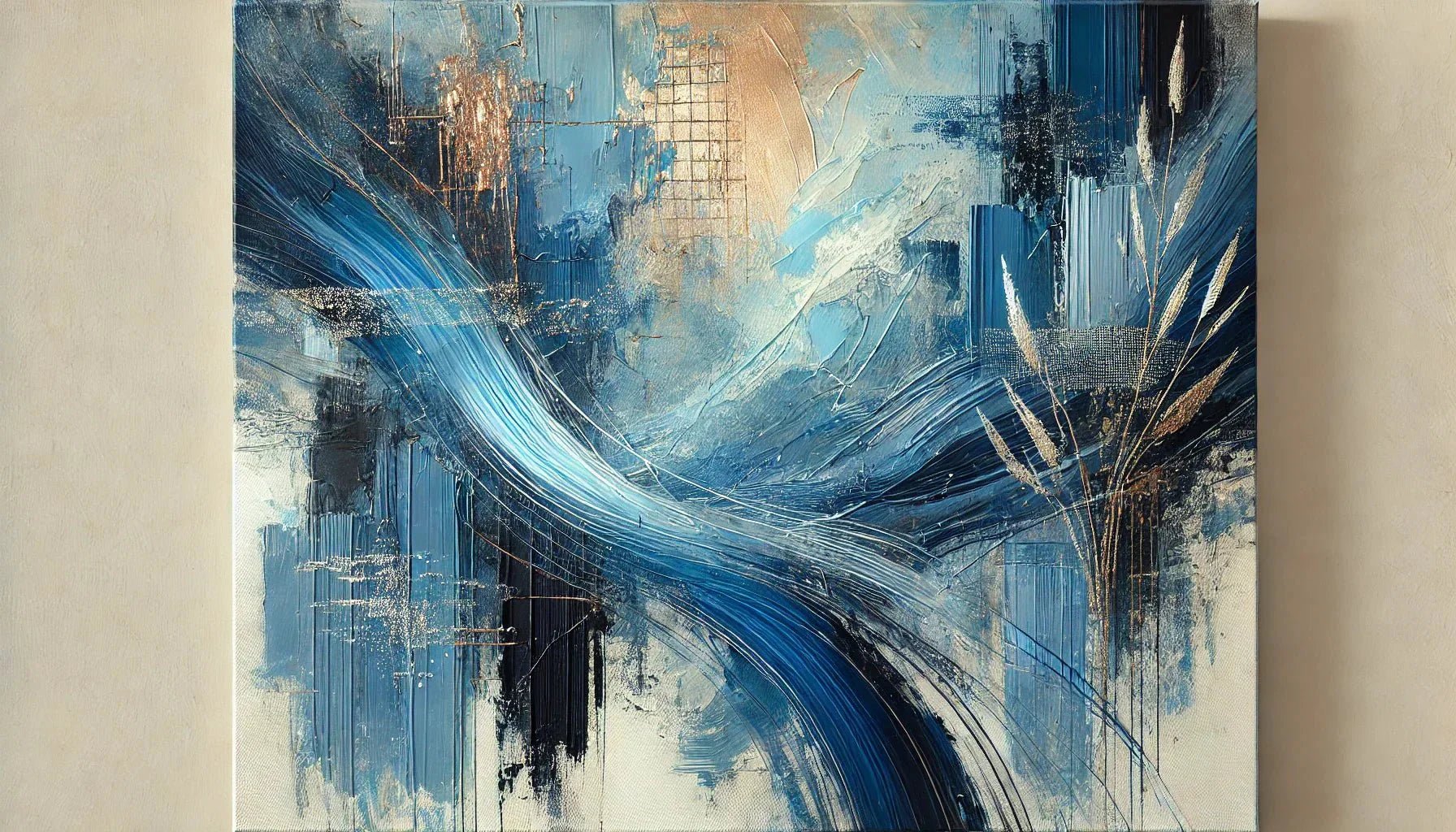 Toile abstraite bleue aux nuances de cobalt et d’indigo, avec des textures en relief et des effets lumineux, idéale pour une décoration murale contemporaine et épurée.