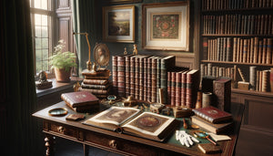 Bureau de collectionneur avec livres rares anciens et petite œuvre d'art encadrée, ambiance bibliophilie raffinée