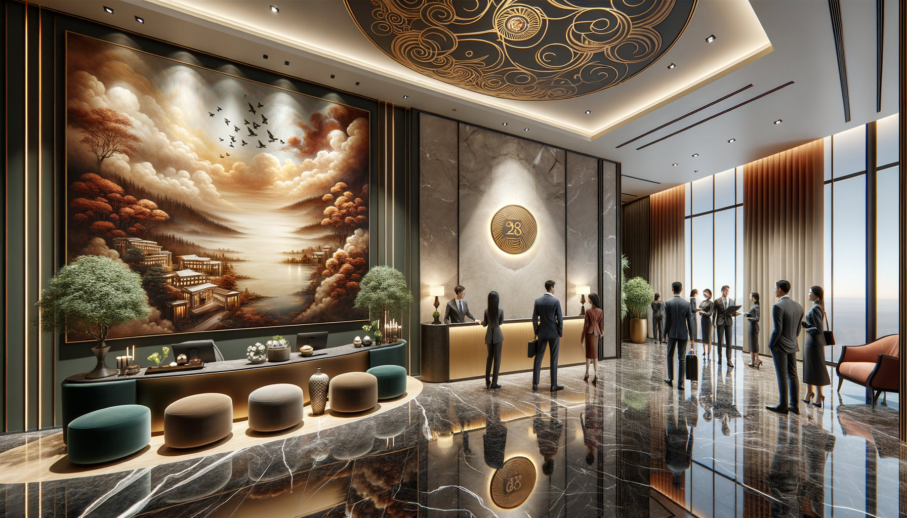 Lobby d'hôtel indépendant avec œuvre d'art murale monumentale illustrant un investissement artistique rentable pour l'hôtellerie
