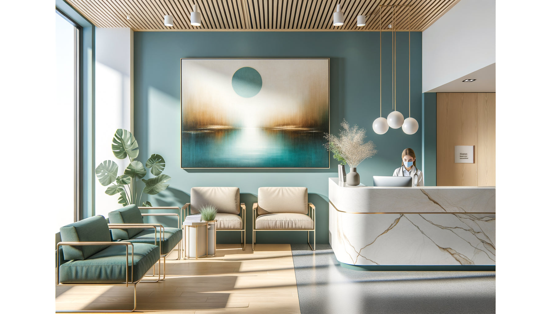 Salle d'attente de cabinet médical moderne avec œuvres d'art contemporaines apaisantes aux tons naturels
