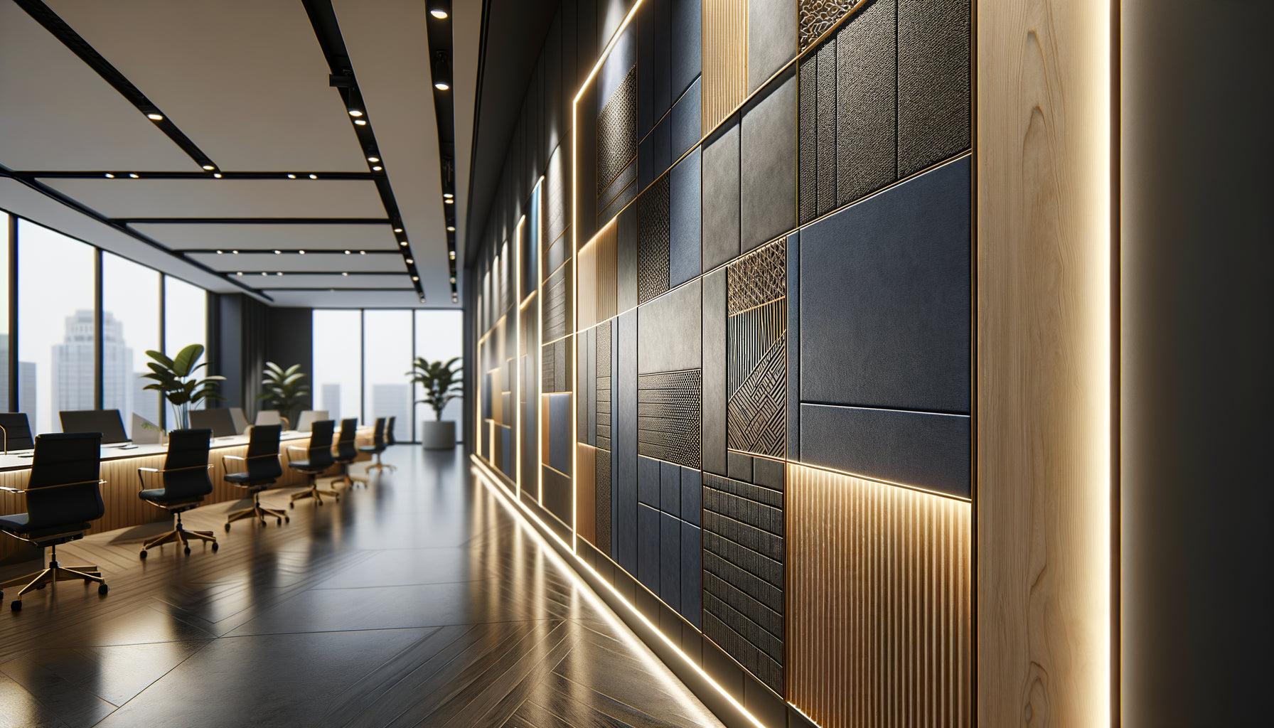 Mur d'accent professionnel contemporain avec matériaux premium et éclairage intégré dans un bureau moderne