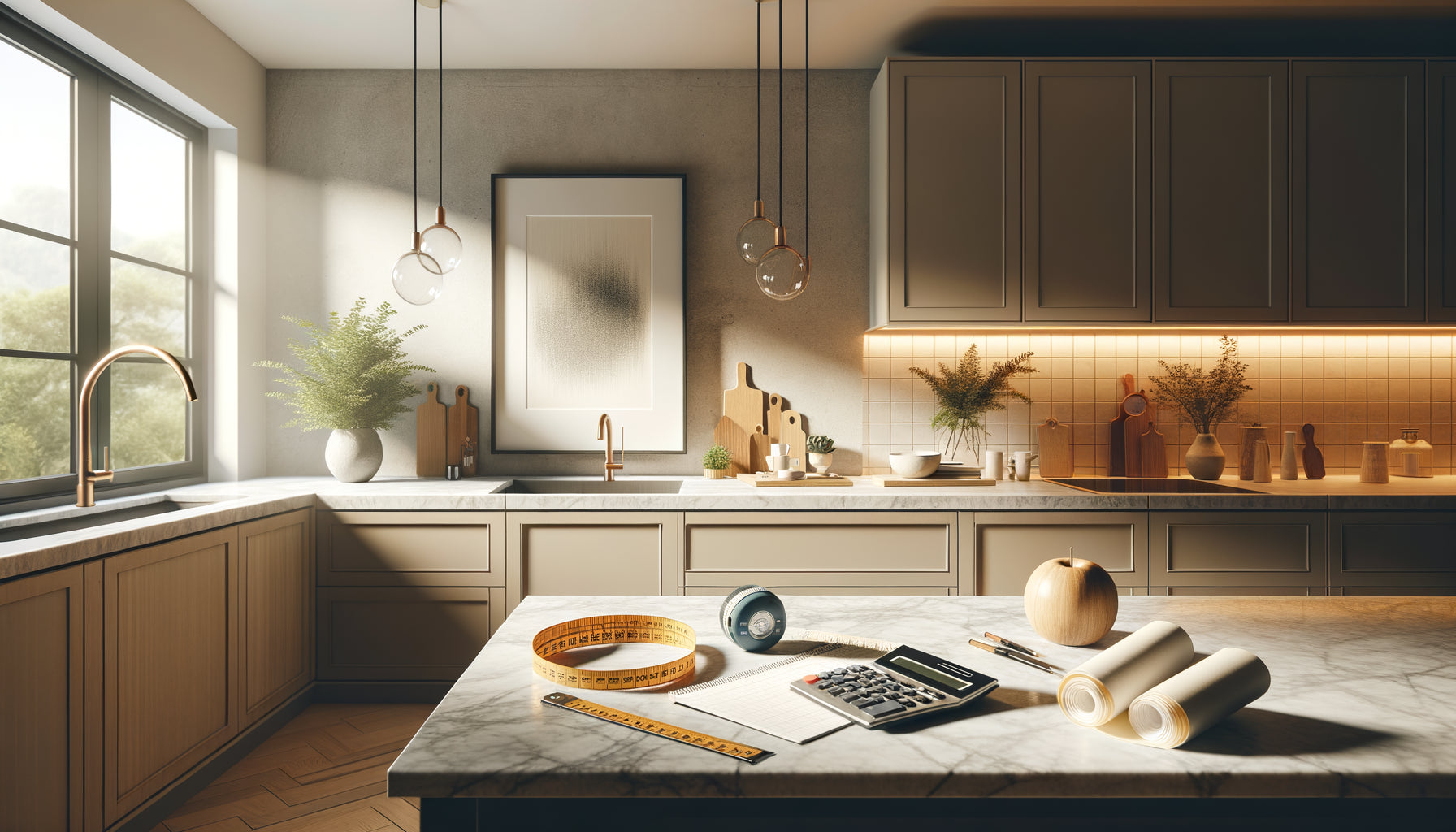 Cuisine équipée contemporaine avec mur libre décoré et éléments de planification budgétaire sur le comptoir