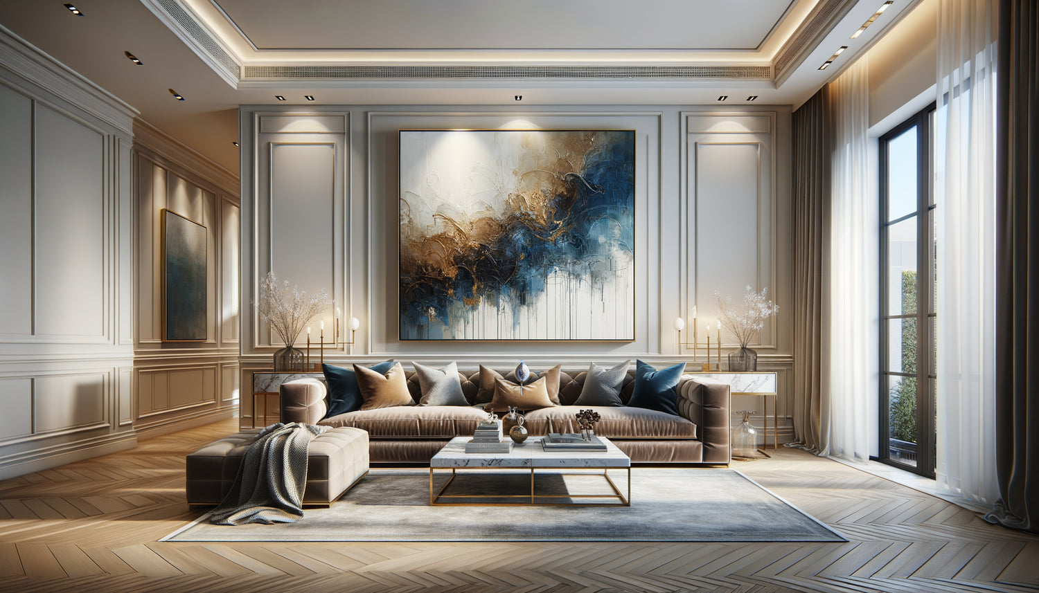 Salon contemporain haut de gamme avec tableau d'artiste reconnu éclairé par spots muséaux sur mur blanc