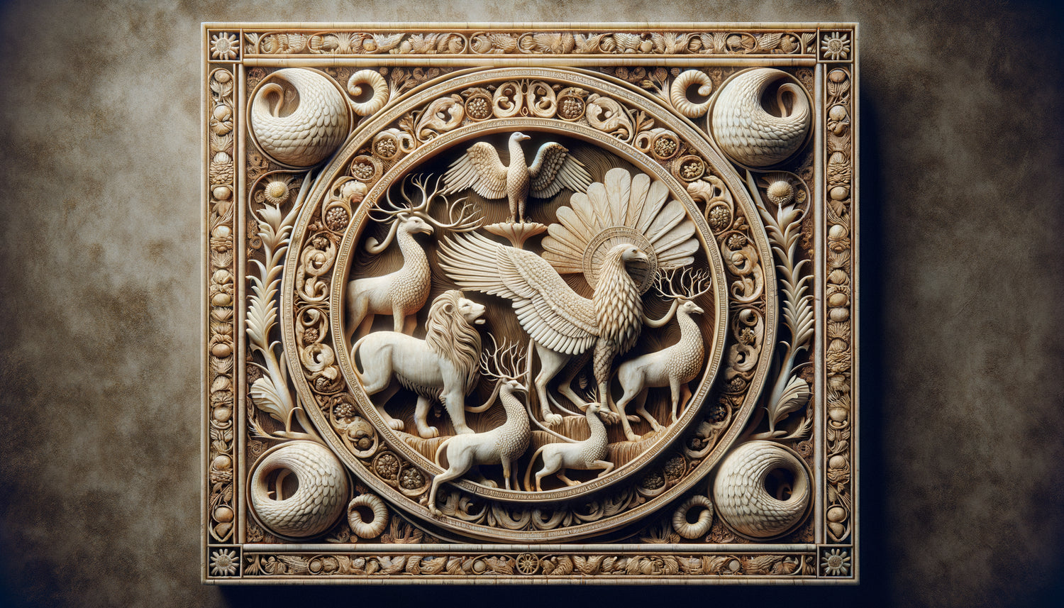 Sculpture sur ivoire byzantin du 10ème siècle représentant des animaux, période macédonienne, influences antiques classiques
