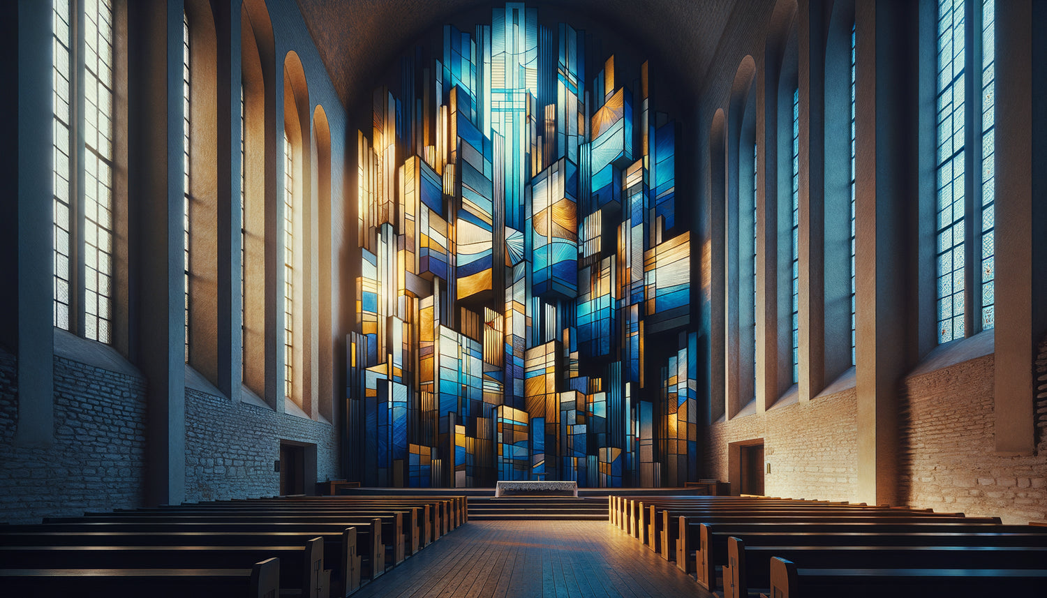 Vitrail abstrait monumental de Jaan Grünberg dans église estonienne, lumière nordique traversant compositions géométriques colorées, ère soviétique