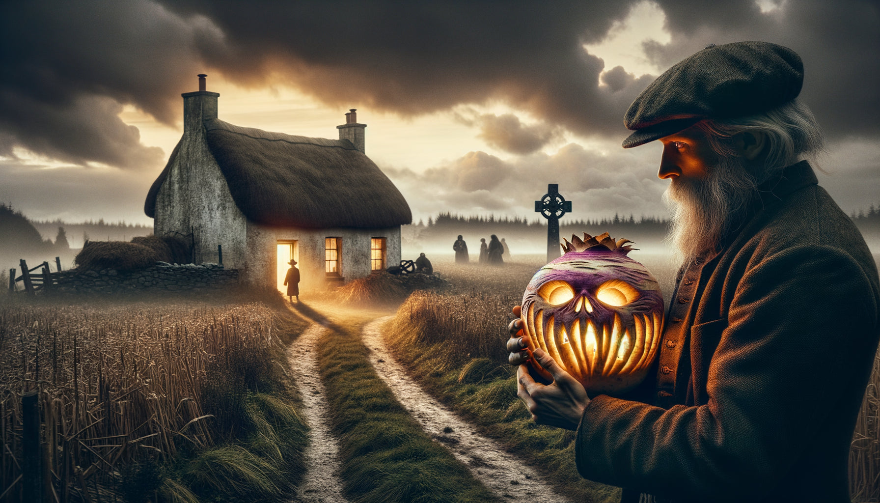 Lanterne jack-o'-lantern irlandaise authentique du XIXe siècle sculptée dans un navet lors de Samhain