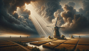Paysage hollandais du 17ème siècle dans le style de Jacob van Ruisdael avec moulin monumental sous ciel dramatique