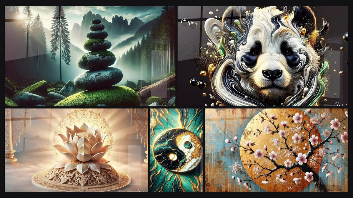 Mosaïque de cinq tableaux, dont Équilibre Forestier, Lotus Sacré et Fluidité Zen