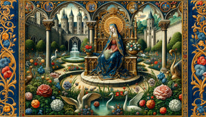 Jardin clos médiéval style enluminure gothique, Vierge Marie entourée de roses et lys, symbolique du paradis perdu