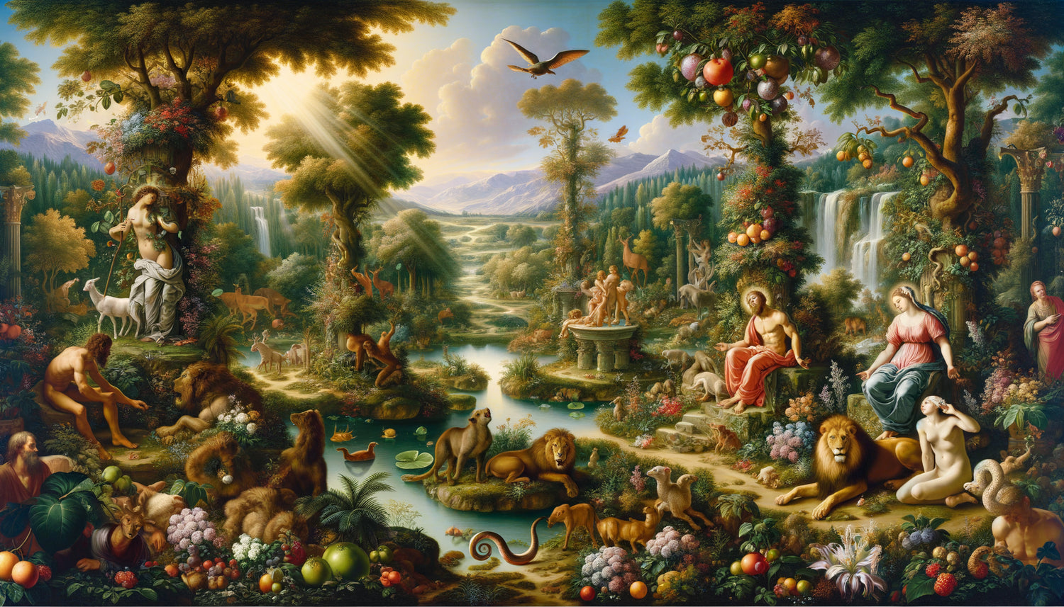 Peinture Renaissance du jardin d'Eden avec Adam et Eve, animaux exotiques, végétation luxuriante et symbolisme biblique médiéval