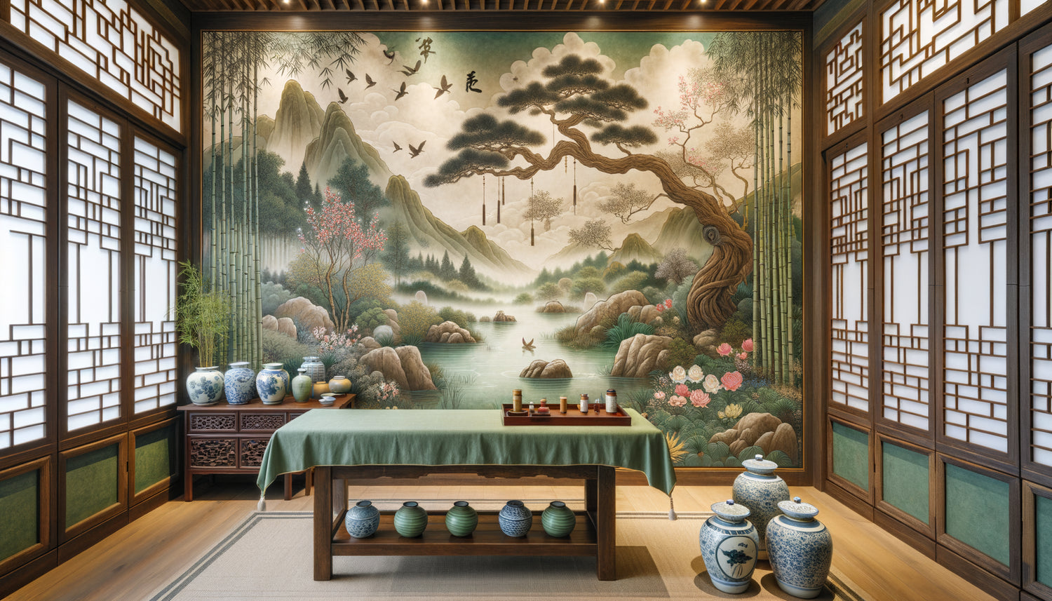Peinture murale traditionnelle chinoise de jardin thérapeutique dans clinique de médecine ancestrale avec symboles énergétiques