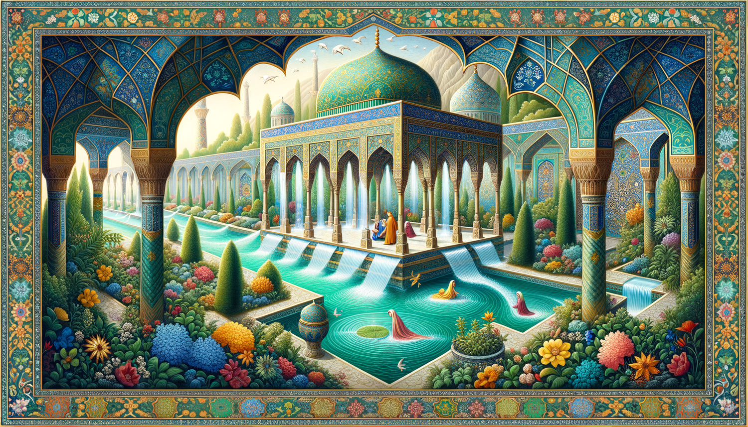 Miniature persane traditionnelle représentant un jardin paradisiaque avec fontaines et cours d'eau, esthétique islamique médiévale sans glace