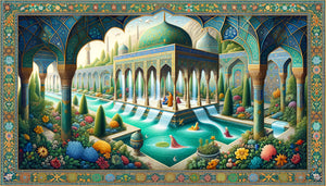 Miniature persane traditionnelle représentant un jardin paradisiaque avec fontaines et cours d'eau, esthétique islamique médiévale sans glace