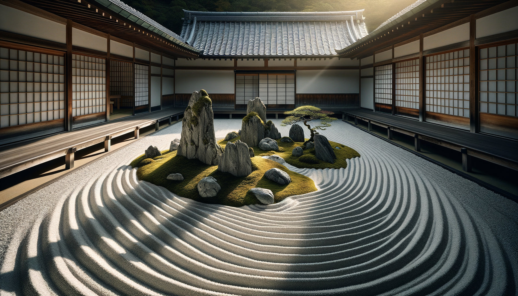 Jardin sec zen japonais traditionnel avec gravier ratissé et rochers, veranda de temple au premier plan évoquant l'engagement corporel méditatif