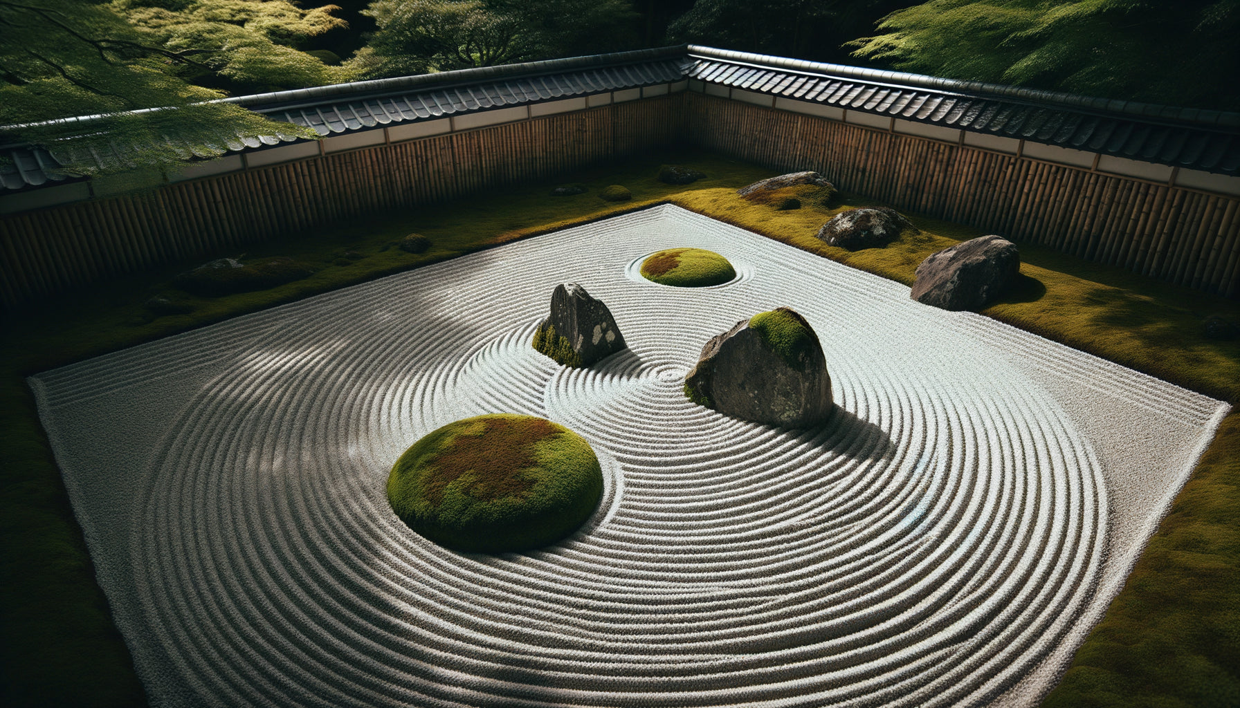 Jardin zen japonais traditionnel karesansui avec gravier blanc ratissé en motifs géométriques circulaires autour de rochers moussus