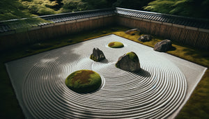 Jardin zen japonais traditionnel karesansui avec gravier blanc ratissé en motifs géométriques circulaires autour de rochers moussus