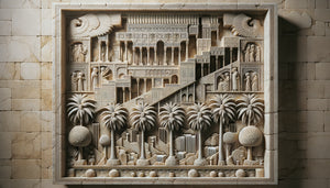 Bas-relief perse antique représentant les jardins suspendus de Babylone avec palmiers stylisés et terrasses étagées