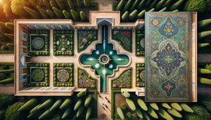 Jardin persan en croix chahar bagh et sa représentation sur céramique émaillée traditionnelle, géométrie sacrée quaternaire symbolisant le paradis