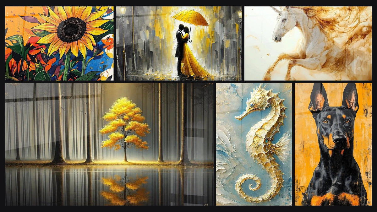 Mosaic of six paintings, including Love in the Rain, Eternal Tranquility and The Gold of the Abyss