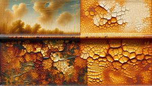 Gros plan comparatif d'un vernis ancien jauni sur peinture classique montrant l'altération chromatique progressive