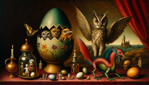 Composition de créatures fantastiques hybrides dans le style caractéristique de Jérôme Bosch, palette chromatique médiévale riche